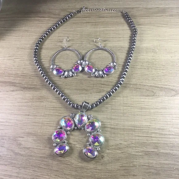 Multicolored Squash Blossom Silver and Pink Jewelry Necklace Earrings Set - Picture 1 of 7